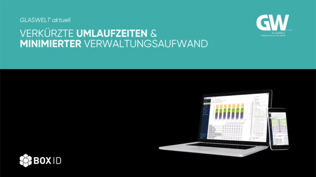 Laptop und Smartphone zeigen Daten-Dashboards unter dem Text „Verkürzte Umlaufzeiten“ von GLASWELT