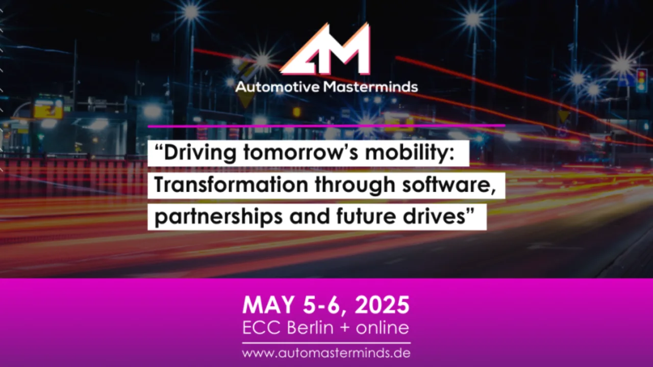Event-Anzeige „Automotive Masterminds“ für Mai 2025 in Berlin mit nächtlicher Stadt-Langzeitbelichtung.