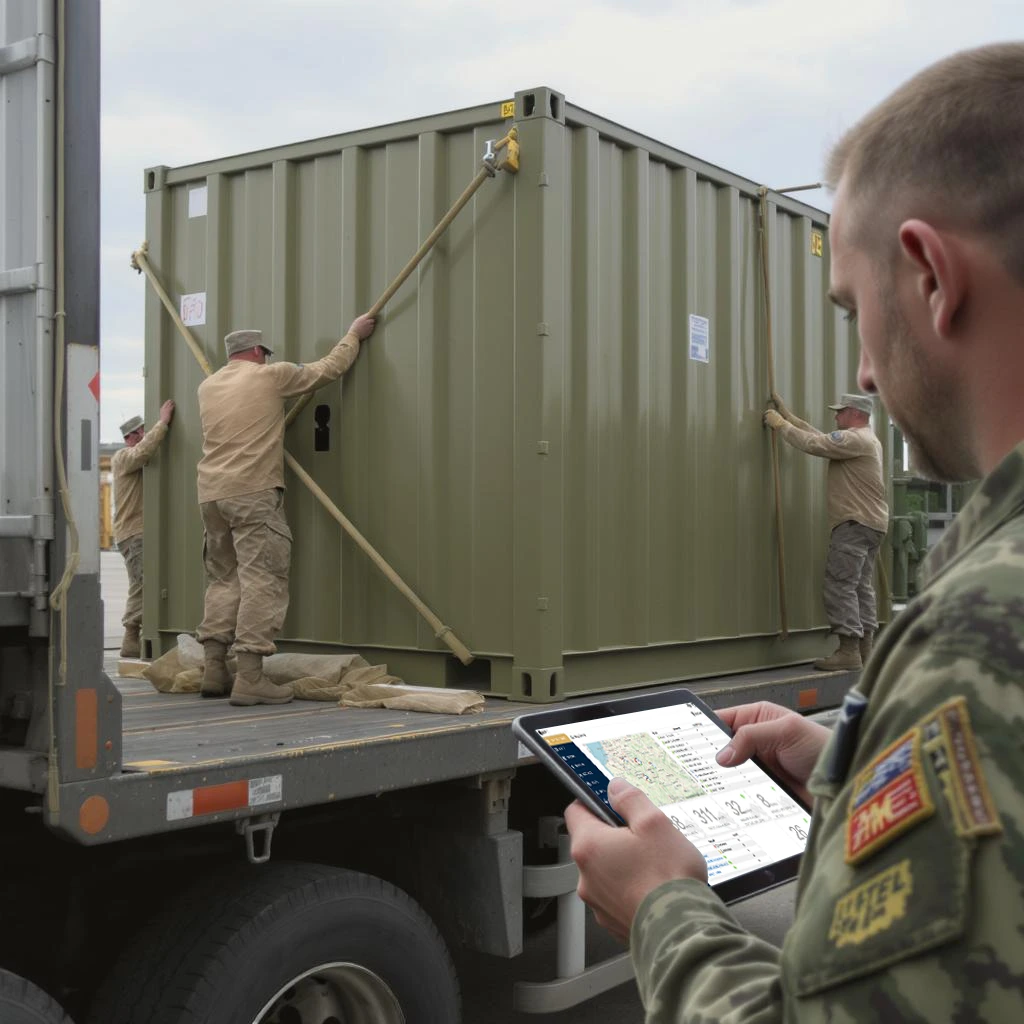 box-id_containter-management_military-production Die Grafik zeigt einen Container im Militärumfeld und einen Mann der ein Tablet hält auf dem die Software zu sehen ist.