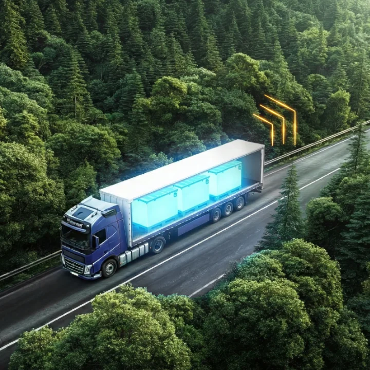box-id_glowing-load-carriers-on-truck LKW transportiert Ladungsträger mit digitaler Tracking-Lösung.