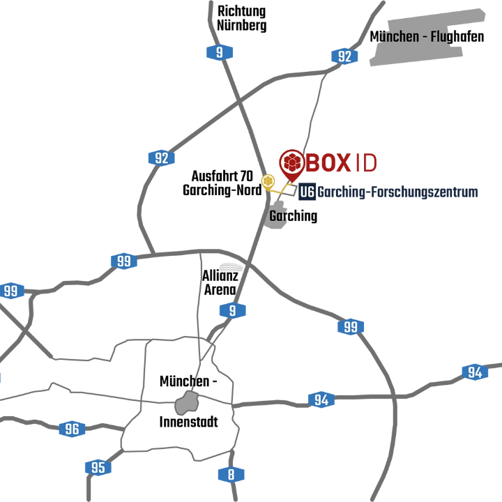 Anfahrtsskizze zu BOX ID in Garching bei München mit Autobahnen, U-Bahn-Anbindung und Flughafennähe.