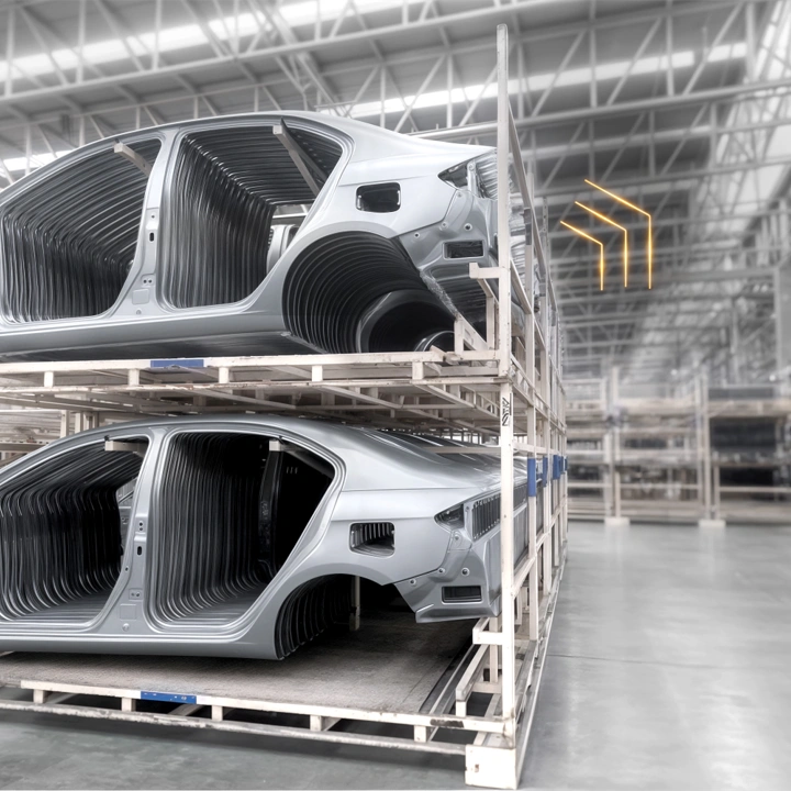 box-id_load-carrier_automotive_hexagon Gestapelte Karosserieteile auf Sonderladungsträgern in Automotive-Produktionshalle.