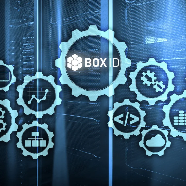 BOX ID Softwarefunktionen visualisiert als Zahnräder vor Server-Hintergrund
